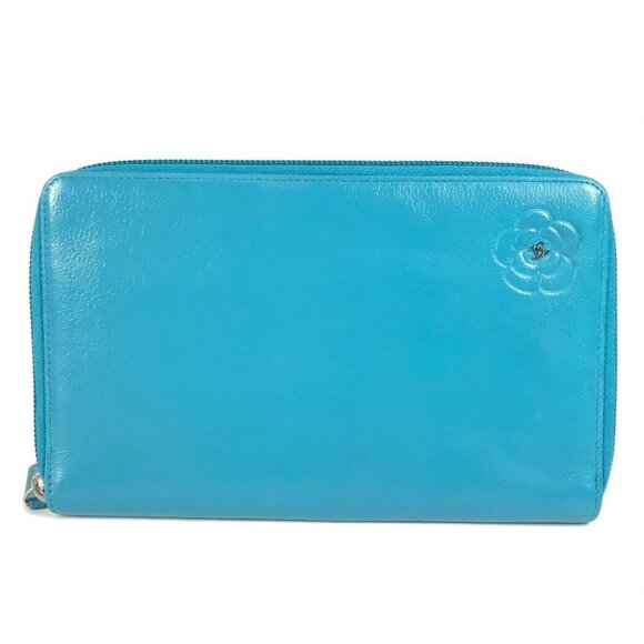 CHANEL Camellia CC CC Mark Zip Around Long Wallet Long Wallet Leather blue - Picture 1 of 14